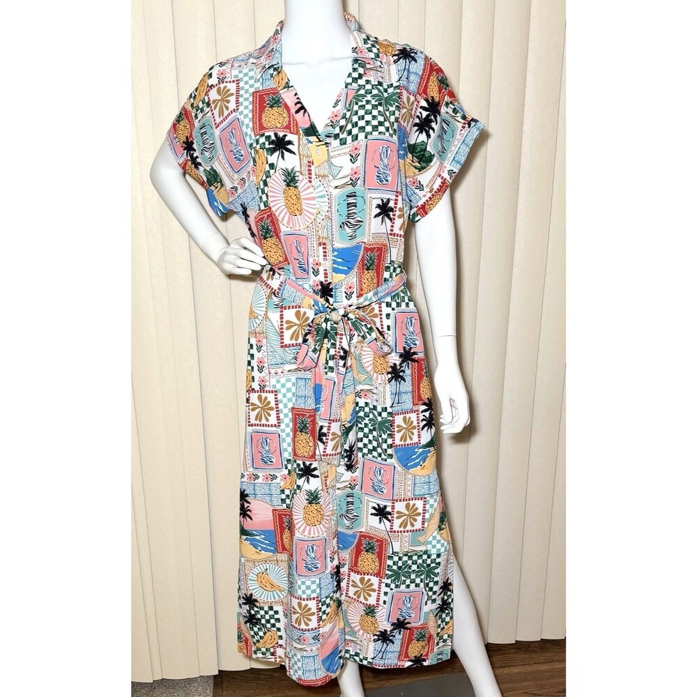 Skies Are Blue Libby Maxi Shirt Dress M Tropical Patchwork Belted NWT 48" long